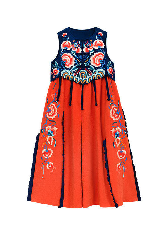 Berühmte Familie Stil Orange bestickt O-Ausschnitt bestickt Patchwork langes Kleid ärmellos