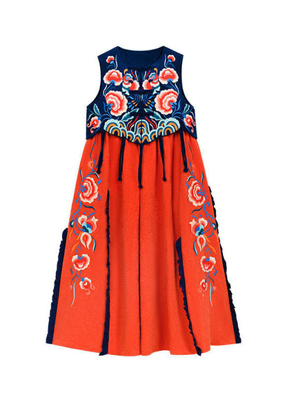 Berühmte Familie Stil Orange bestickt O-Ausschnitt bestickt Patchwork langes Kleid ärmellos