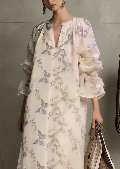 Fashion Apricot Butterfly Sequins Cotton Dress Flare Sleeve