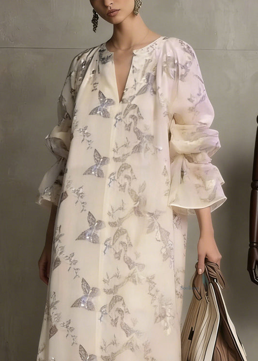 Fashion Apricot Butterfly Sequins Cotton Dress Flare Sleeve