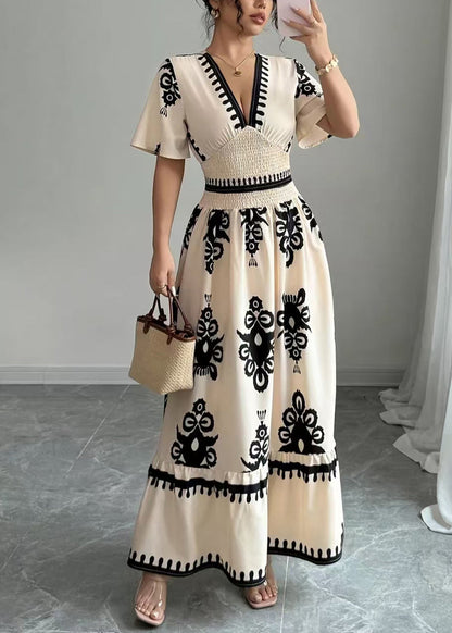 Fashion Apricot V Neck Print Chiffon Party Dress Short Sleeve