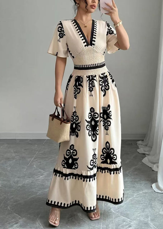 Fashion Apricot V Neck Print Chiffon Party Dress Short Sleeve