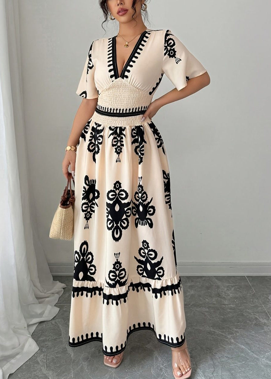 Fashion Apricot V Neck Print Chiffon Party Dress Short Sleeve