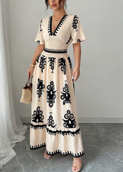Fashion Apricot V Neck Print Chiffon Party Dress Short Sleeve