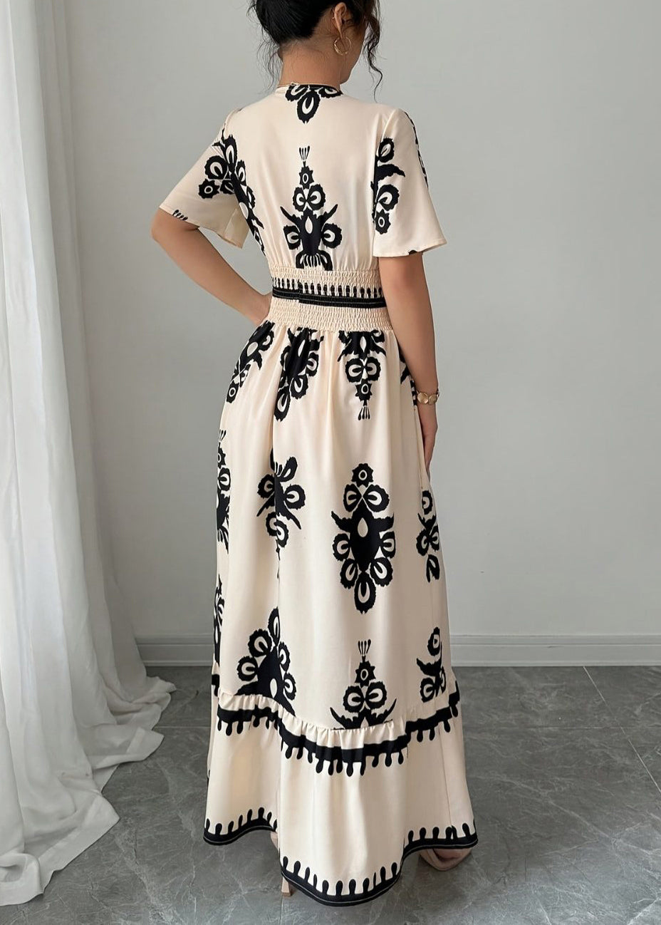 Fashion Apricot V Neck Print Chiffon Party Dress Short Sleeve