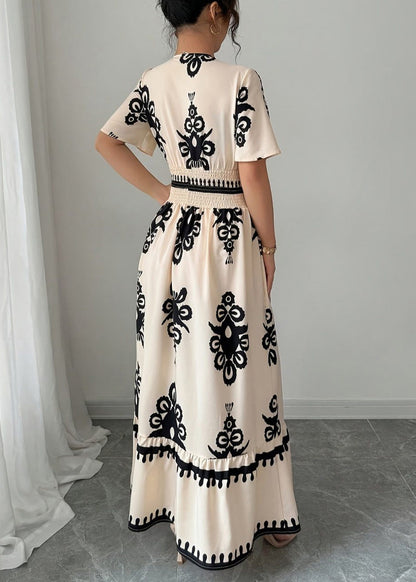 Fashion Apricot V Neck Print Chiffon Party Dress Short Sleeve