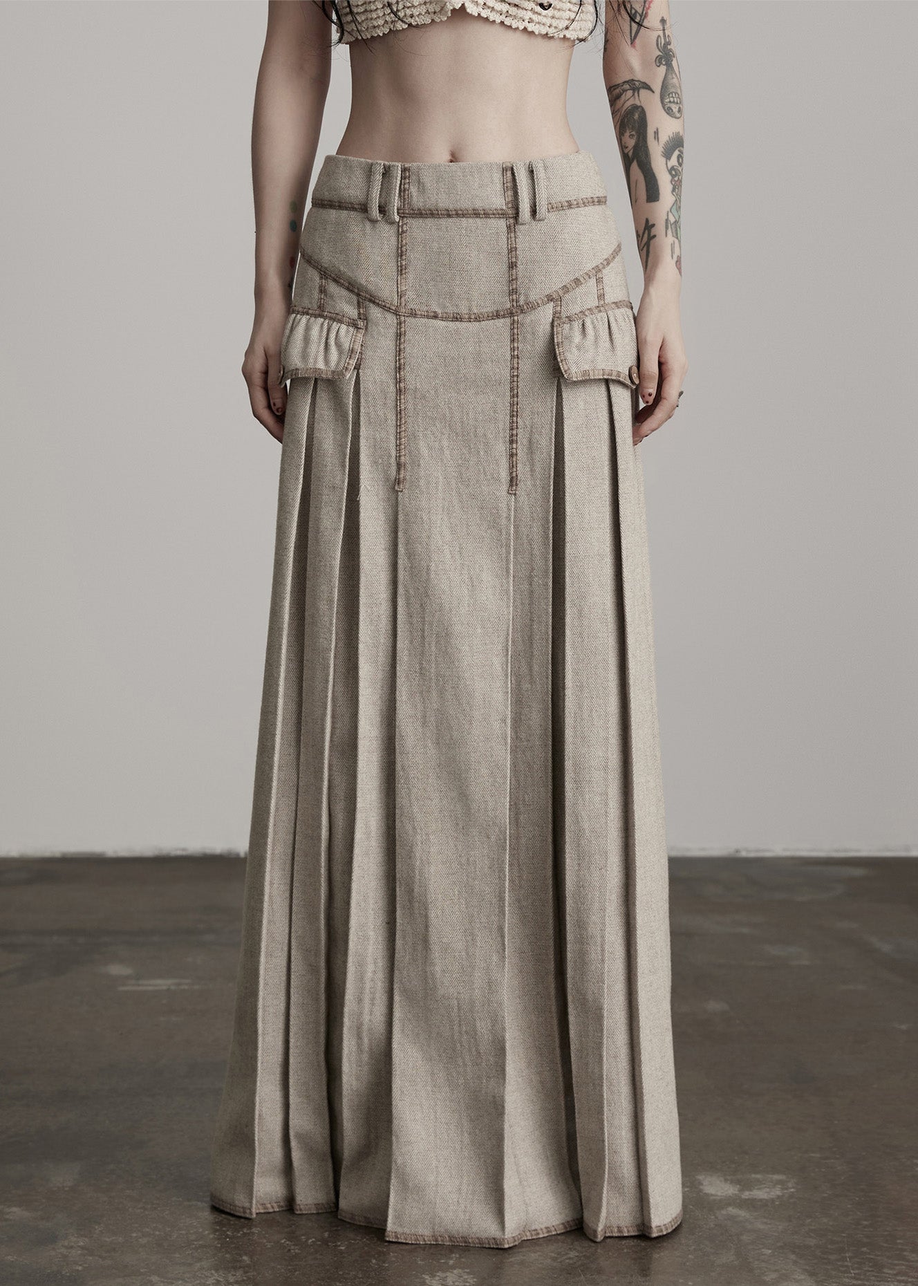 Modische aprikosenfarbene, knitterfreie, hochtaillierte Patchwork-Wollröcke für den Winter