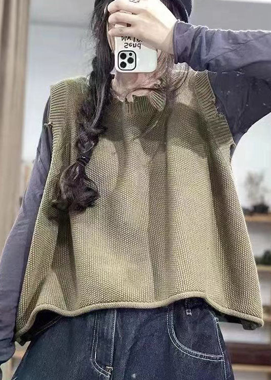 Mode Armee Grün O-Ausschnitt Loch Strickweste Frühling