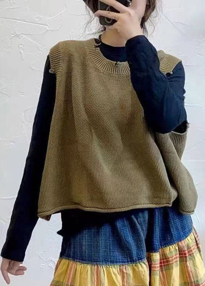 Mode Armee Grün O-Ausschnitt Loch Strickweste Frühling