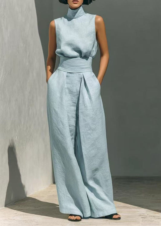 Fashion Baby Blue High Neck Cotton Two Pieces Set Summer