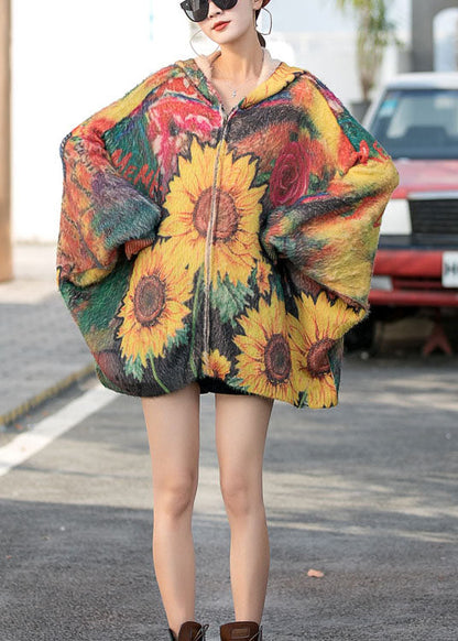 Modischer Herbst-Strickmantel mit Kapuze, Fledermausflügelärmeln und Reißverschluss