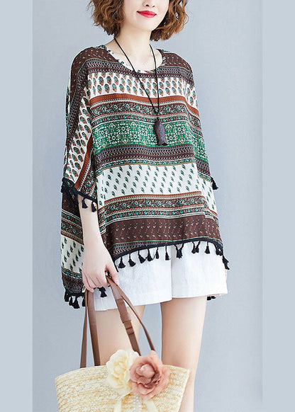 Modisches Patchwork-Bluse-Oberteil mit Fledermausflügelärmeln und Rundhalsausschnitt und Quasten