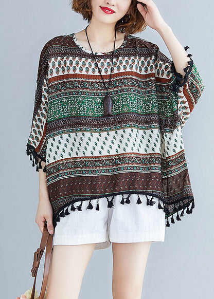 Modisches Patchwork-Bluse-Oberteil mit Fledermausflügelärmeln und Rundhalsausschnitt und Quasten