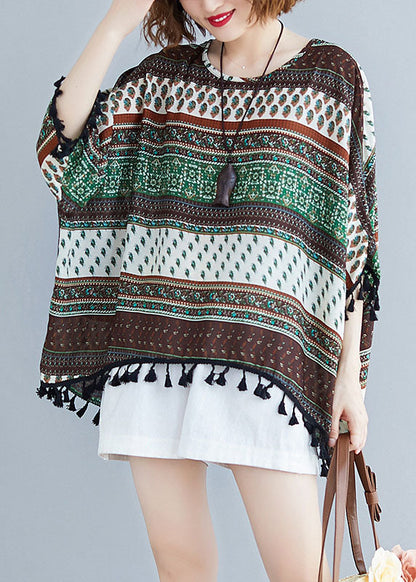 Modisches Patchwork-Bluse-Oberteil mit Fledermausflügelärmeln und Rundhalsausschnitt und Quasten