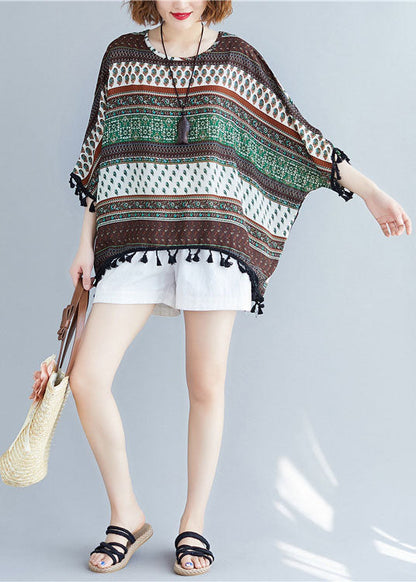 Modisches Patchwork-Bluse-Oberteil mit Fledermausflügelärmeln und Rundhalsausschnitt und Quasten