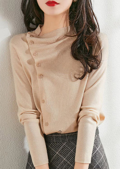 Mode Beige Asymmetrische Faltig Taste Wolle Stricken Pullover Frühling