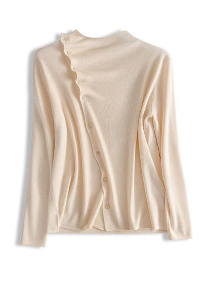 Mode Beige Asymmetrische Faltig Taste Wolle Stricken Pullover Frühling