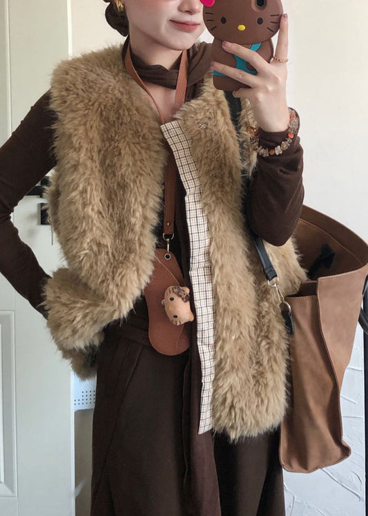 Fashion Beige O Neck Patchwork Faux Fur Vest Sleeveless