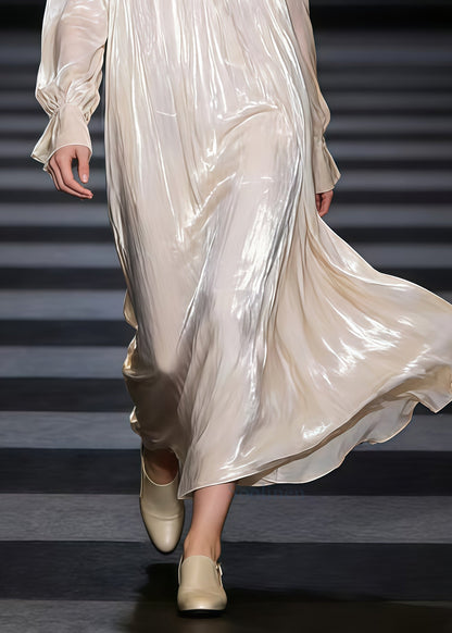 Fashion Beige Oversized Draping Silk Maxi Dress Spring