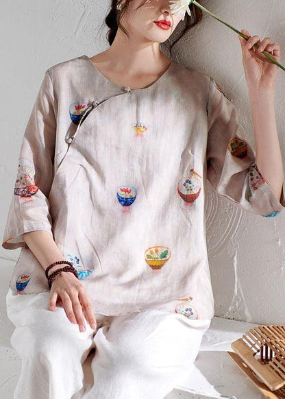 Fashion Beige Patchwork Print Button Summer Ramie Top - SooLinen