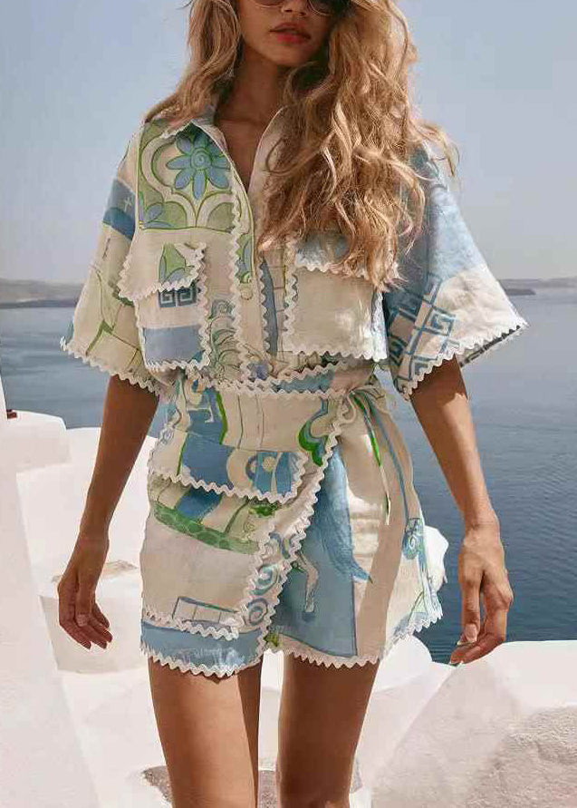 Fashion Beige Peter Pan Collar Tie Waist Shirts And Skirts Two Pieces Set Short Sleeve