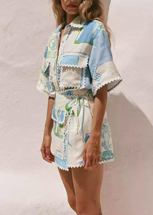 Fashion Beige Peter Pan Collar Tie Waist Shirts And Skirts Two Pieces Set Short Sleeve