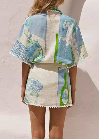 Fashion Beige Peter Pan Collar Tie Waist Shirts And Skirts Two Pieces Set Short Sleeve