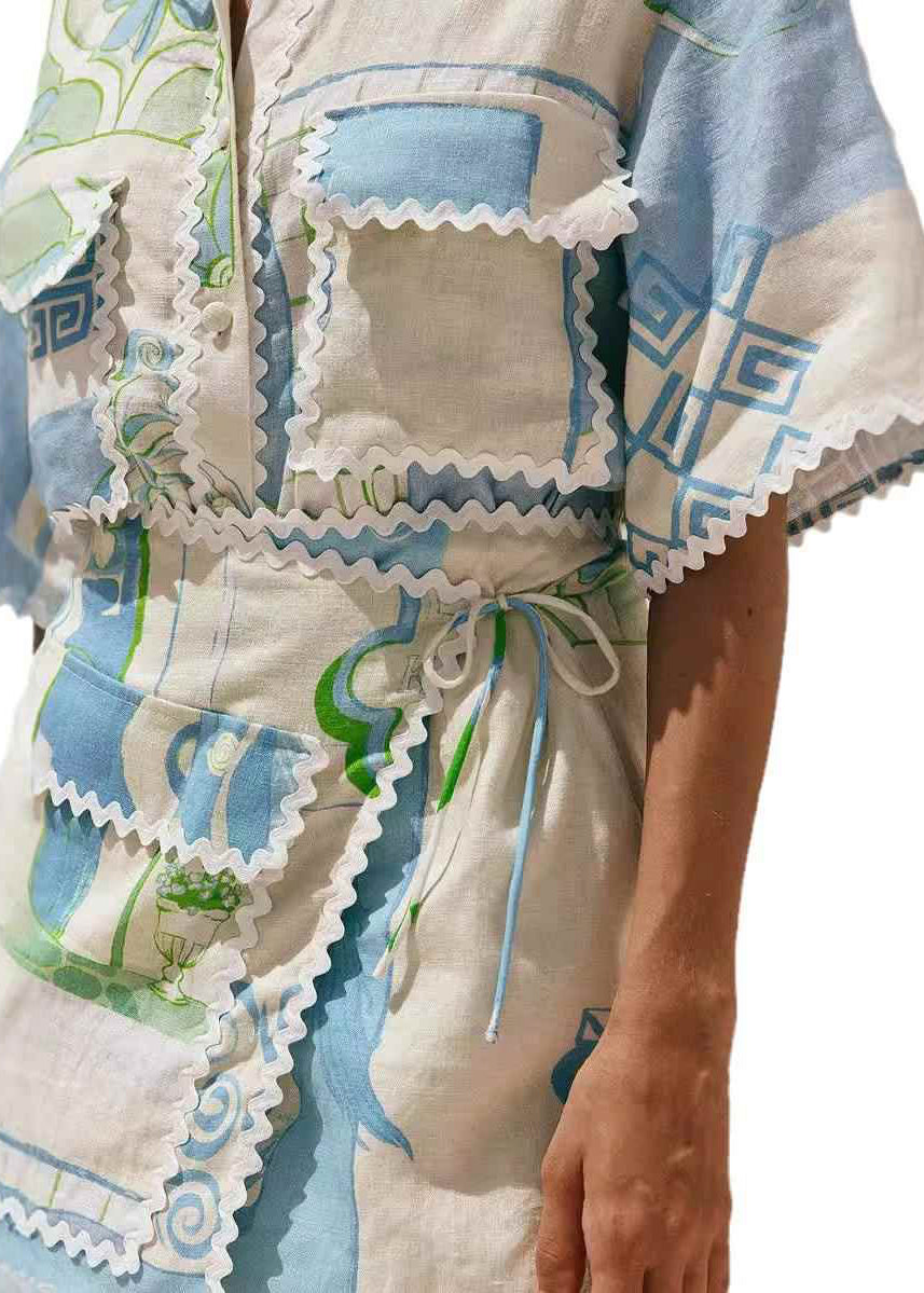 Fashion Beige Peter Pan Collar Tie Waist Shirts And Skirts Two Pieces Set Short Sleeve