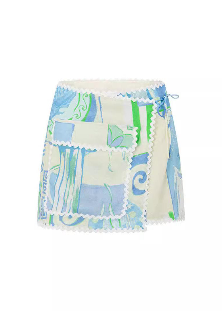 Fashion Beige Peter Pan Collar Tie Waist Shirts And Skirts Two Pieces Set Short Sleeve