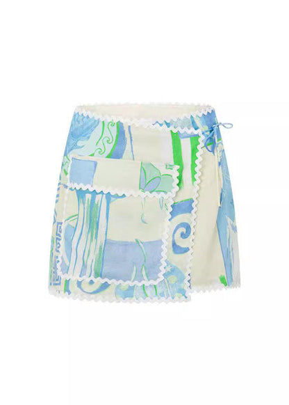 Fashion Beige Peter Pan Collar Tie Waist Shirts And Skirts Two Pieces Set Short Sleeve