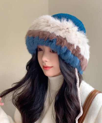 Fashion Beige Rabbit Wool Thick Warm Bucket Hat