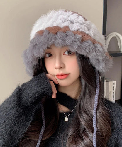 Fashion Beige Rabbit Wool Thick Warm Bucket Hat