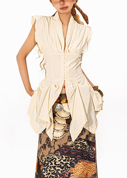 Fashion Beige Ruffled Patchwork Asymmetrical Top Sleeveless
