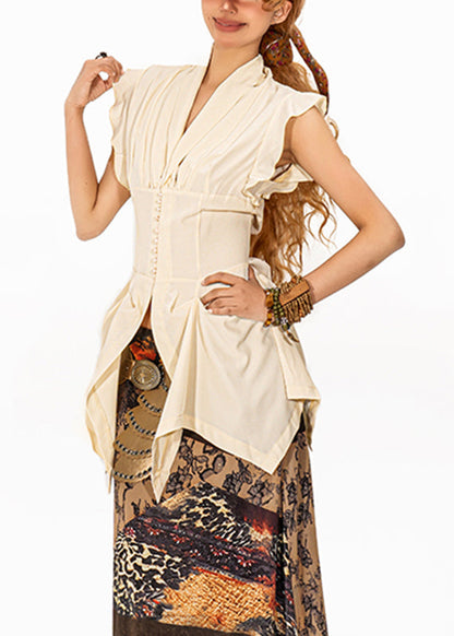 Fashion Beige Ruffled Patchwork Asymmetrical Top Sleeveless
