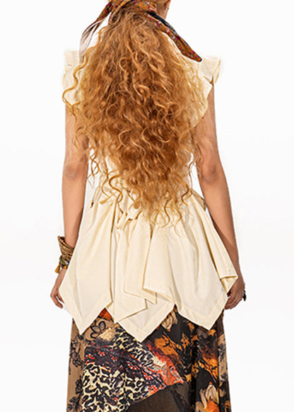 Fashion Beige Ruffled Patchwork Asymmetrical Top Sleeveless