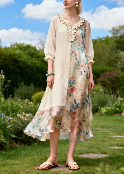 Fashion Beige Ruffled Patchwork Chiffon Long Dresses Summer