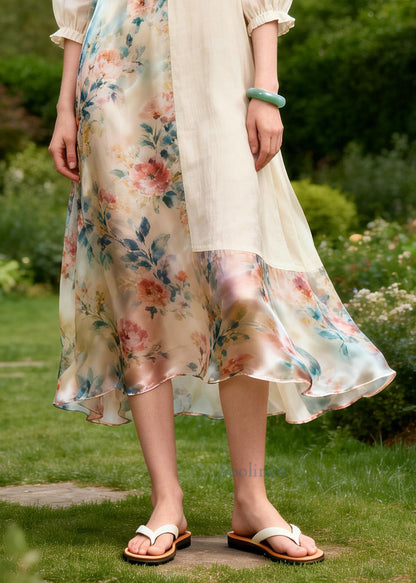 Fashion Beige Ruffled Patchwork Chiffon Long Dresses Summer