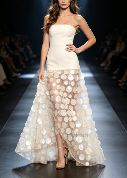 Fashion Beige Sequins Patchwork Tulle Vestidos Dress Summer