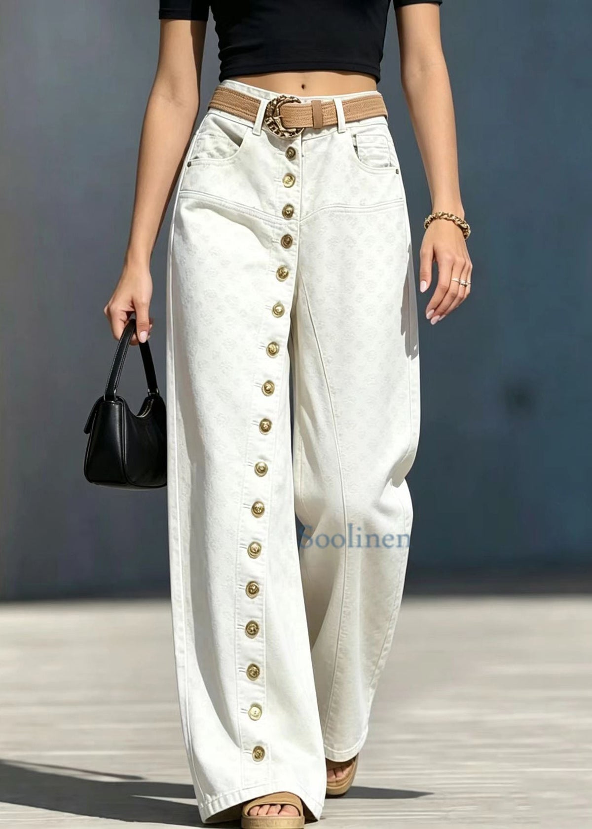Fashion Beige Single Row Buttons High Waist Jacquard Denim Pants Fall