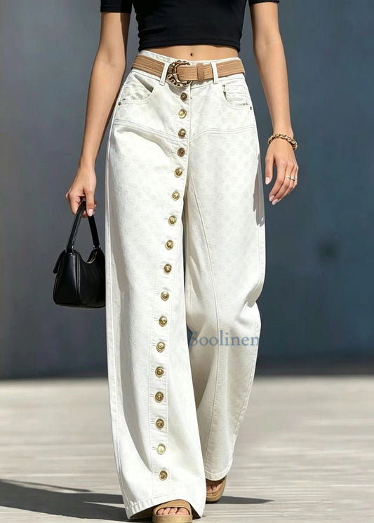 Fashion Beige Single Row Buttons High Waist Jacquard Denim Pants Fall