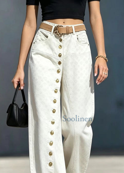 Fashion Beige Single Row Buttons High Waist Jacquard Denim Pants Fall