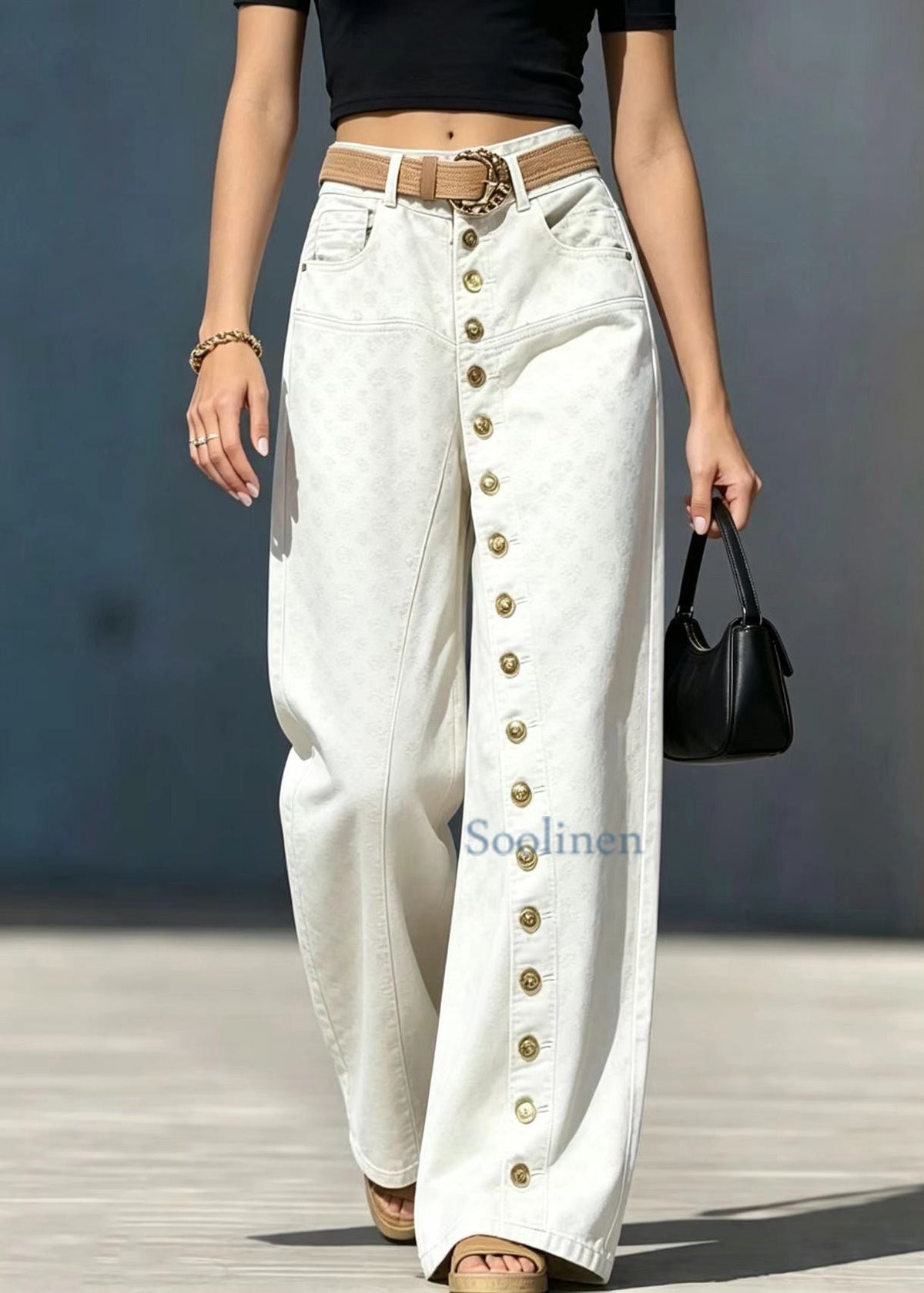 Fashion Beige Single Row Buttons High Waist Jacquard Denim Pants Fall