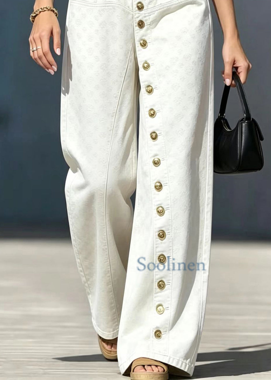 Fashion Beige Single Row Buttons High Waist Jacquard Denim Pants Fall