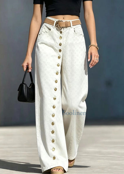 Fashion Beige Single Row Buttons High Waist Jacquard Denim Pants Fall