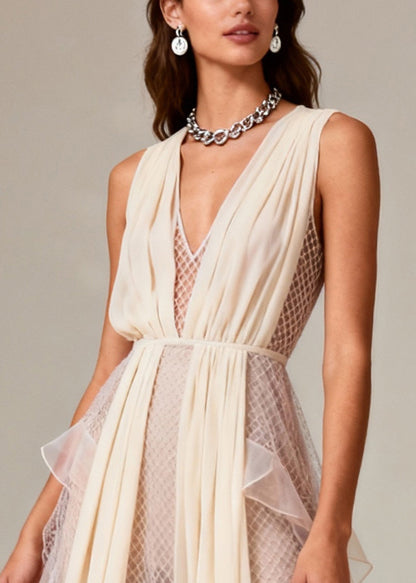 Fashion Beige V Neck Patchwork Mesh Long Dress Summer