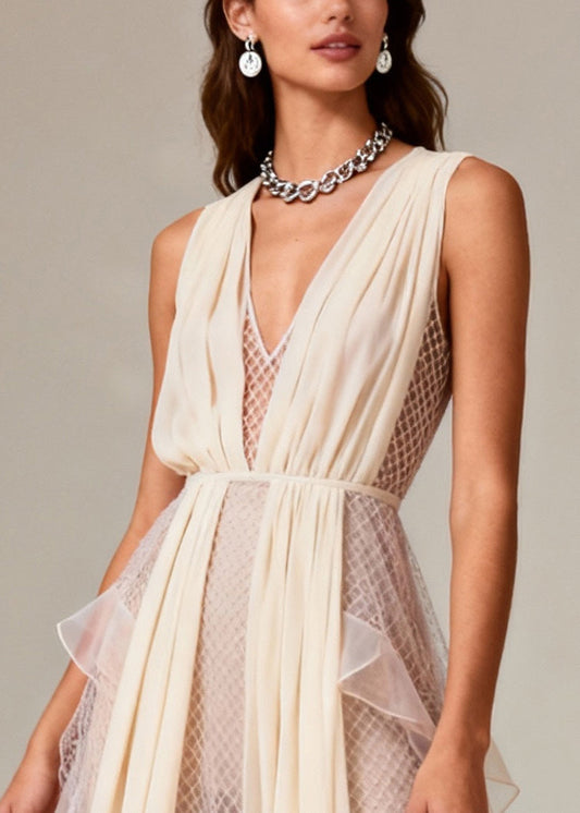 Fashion Beige V Neck Patchwork Mesh Long Dress Summer