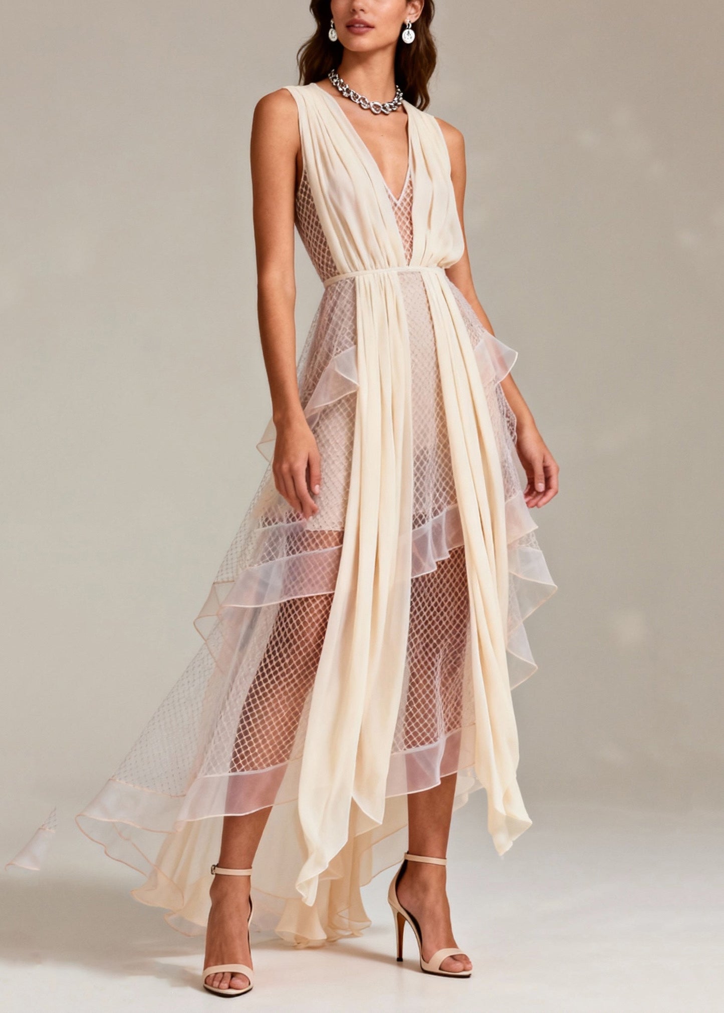 Fashion Beige V Neck Patchwork Mesh Long Dress Summer