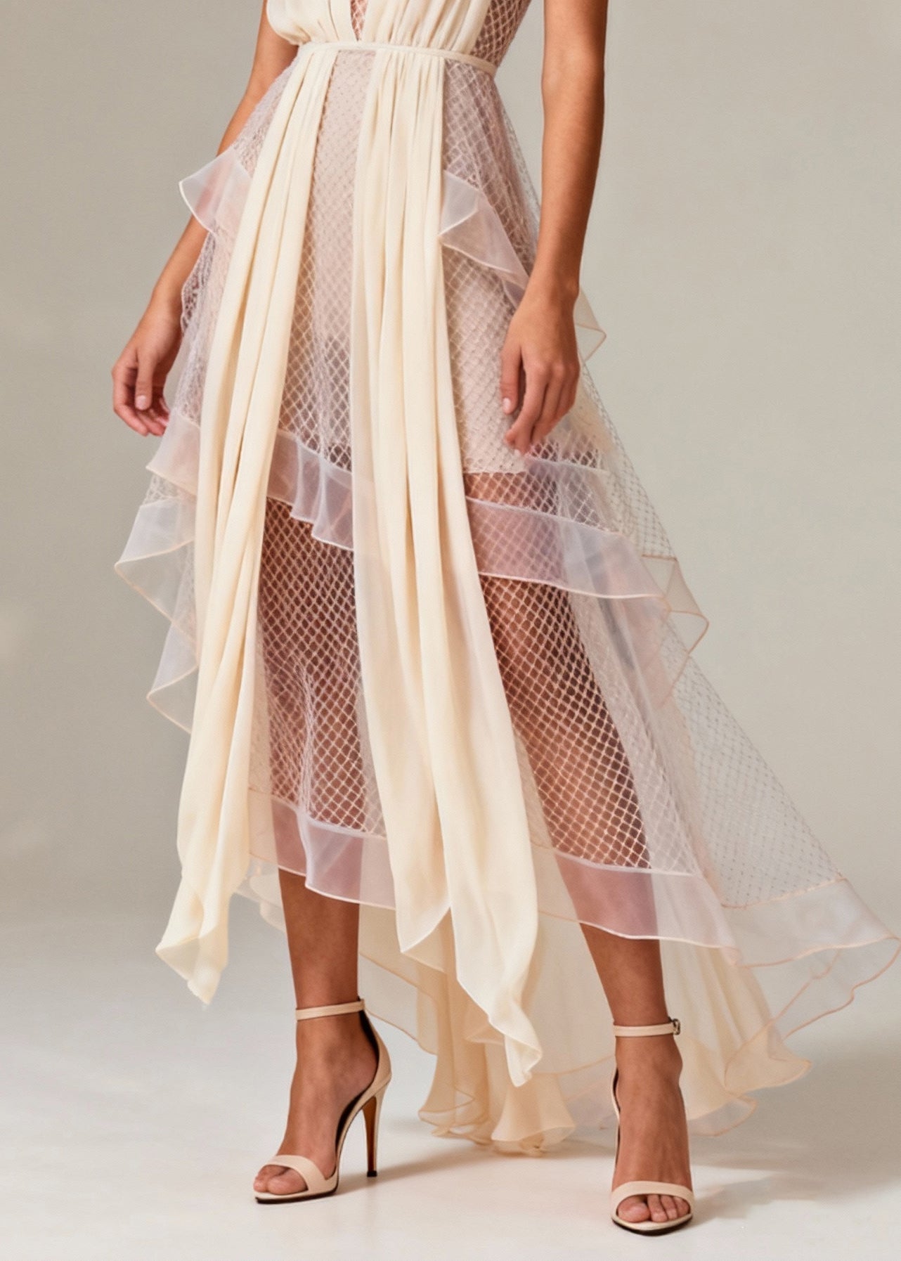 Fashion Beige V Neck Patchwork Mesh Long Dress Summer