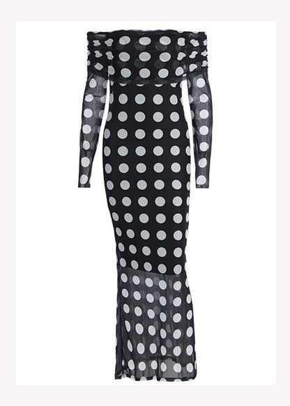 Fashion Black Cold Shoulder Dot Print Slim Tulle Dresses Spring