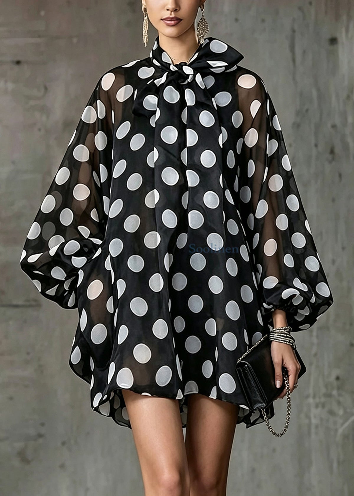 Fashion Black Dot Bow Collar Mini Dresses Lantern Sleeve